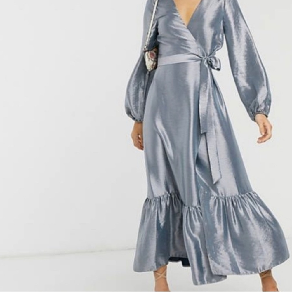 ASOS design wrap midi dress in silver metallic fabric  size 10 new with tags